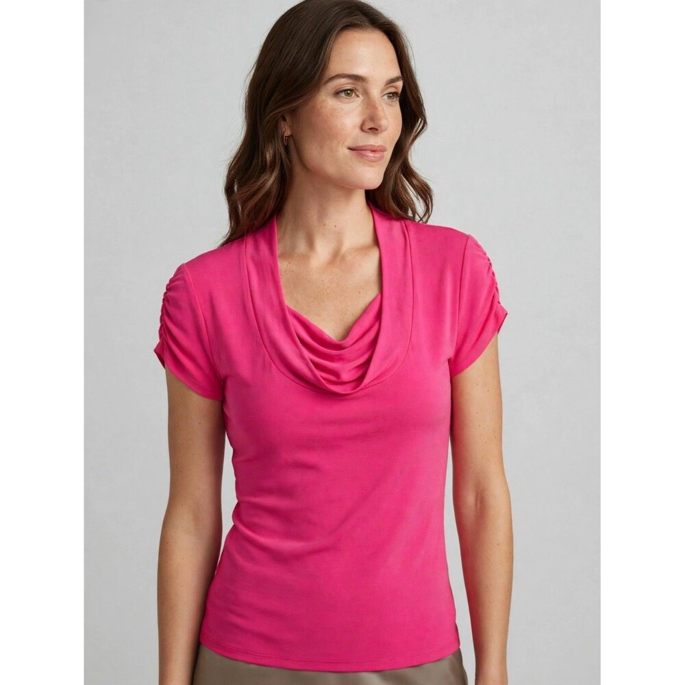 Barbiecore PXS Hot Pink Cowl Neck Blouse Rouched Sleeve Petite Top Short Sleeve